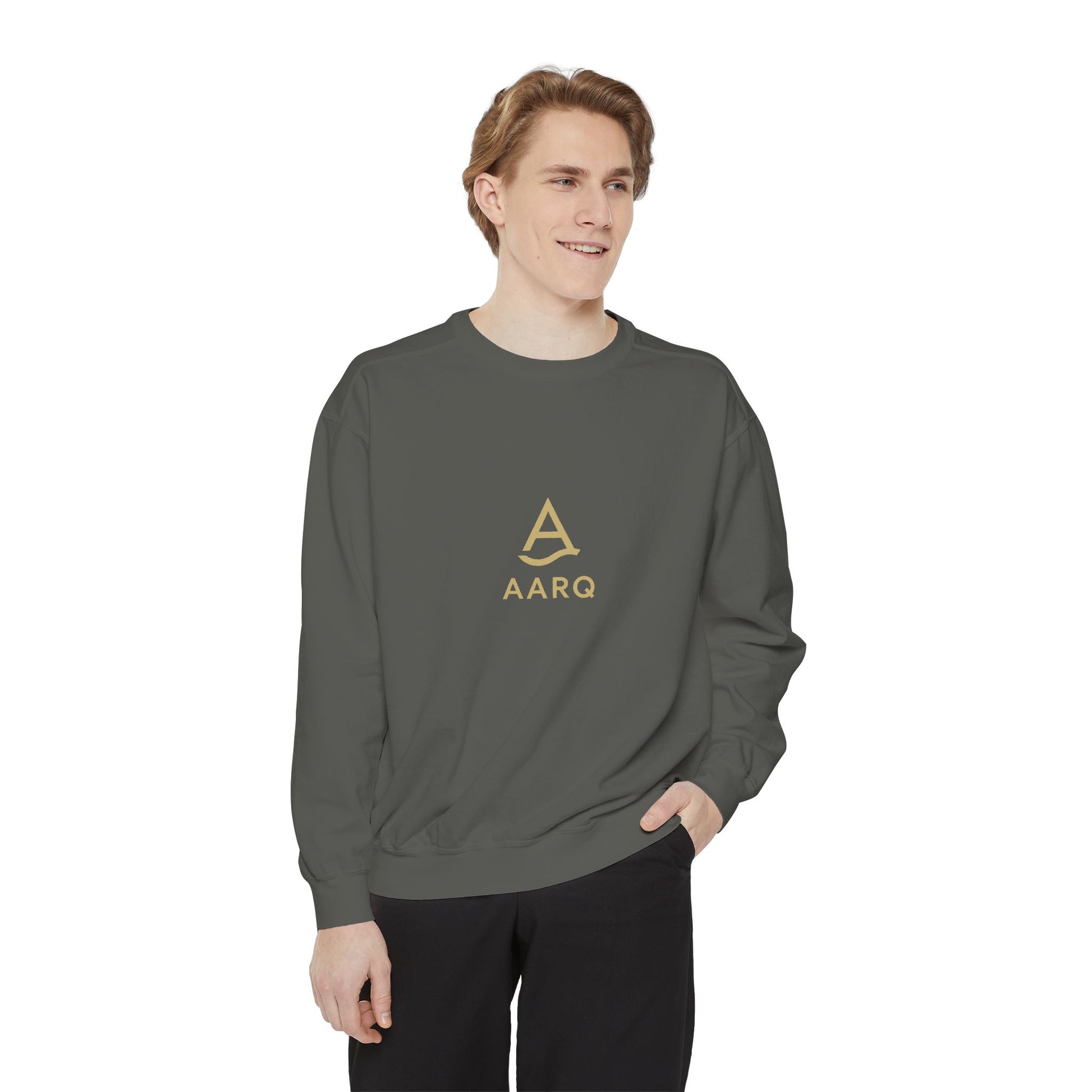 AARQ Garment-Dyed Unisex Sweatshirt with Minimalist Logo, Casual Fashion, Cozy Gift, Comfortable Layer, Trendy Streetwear