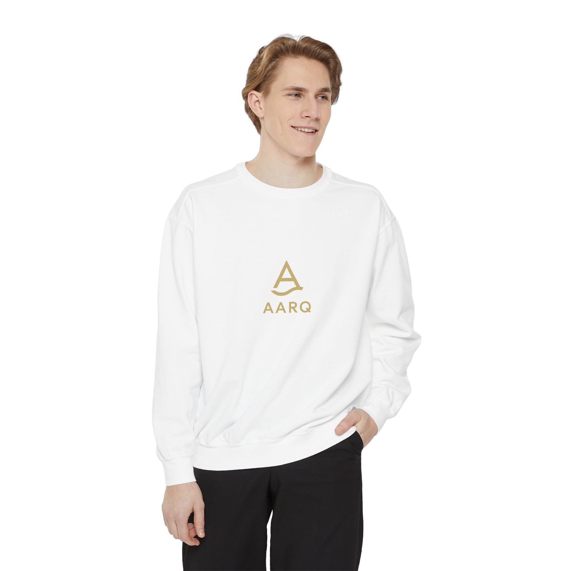 AARQ Garment-Dyed Unisex Sweatshirt with Minimalist Logo, Casual Fashion, Cozy Gift, Comfortable Layer, Trendy Streetwear